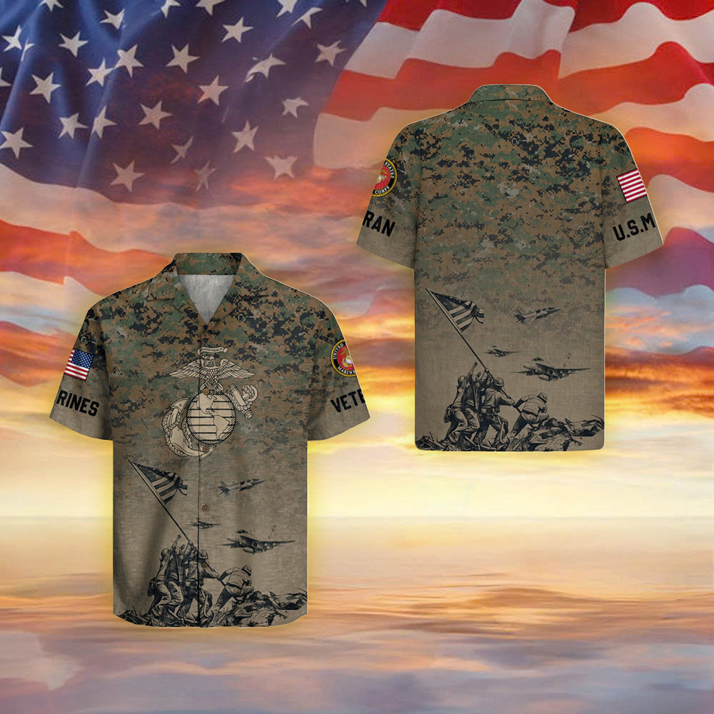 US Marine 250Th Years Of Service Camo Hawaiian Shirt Patriotic Style Shirt Marine Veteran Gifts