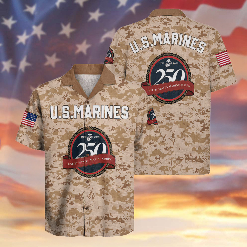 US Marines 250th Anniversary Camo Hawaiian Shirt USA Flag Veteran USMC Merch Gifts