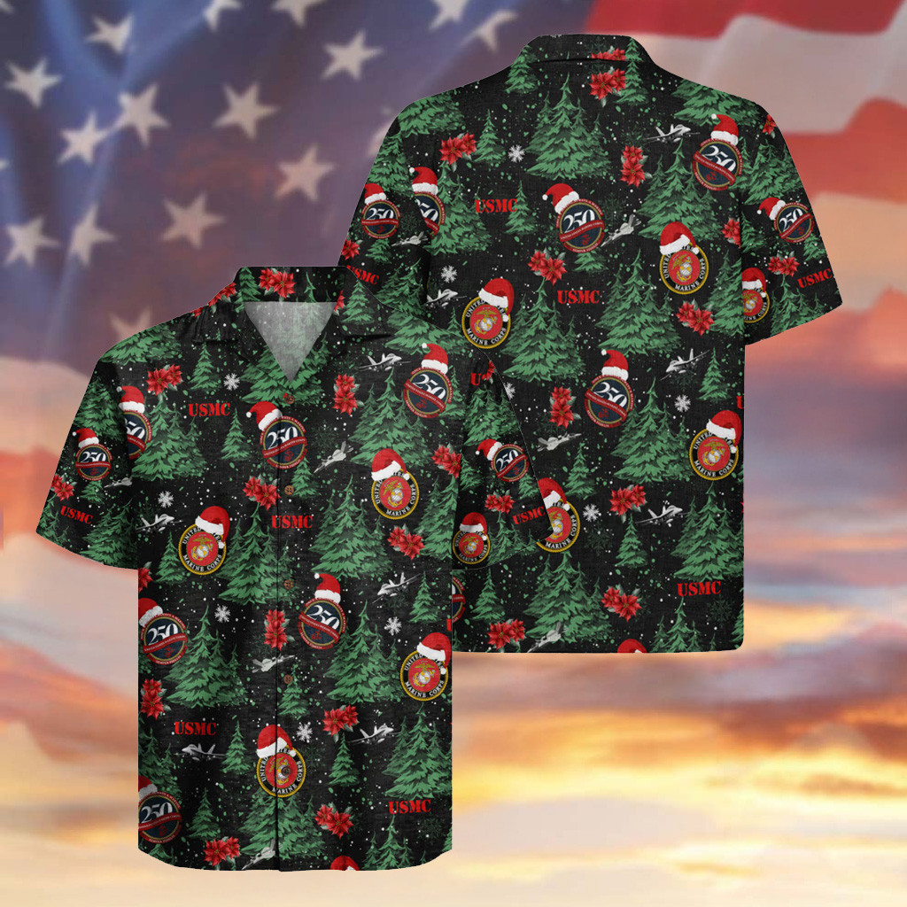US Marines 250th Years Anniversary Hawaiian Shirt Pine Tree Aloha Shirt Christmas Gifts