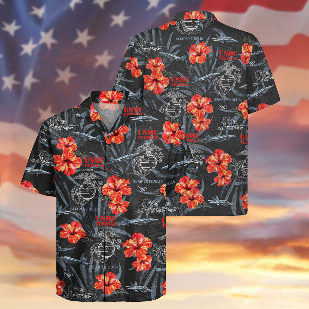 US Marines 250th Years Of Service Hawaiian Shirt Fighter Hibiscus Aloha Shirt Veteran Gifts