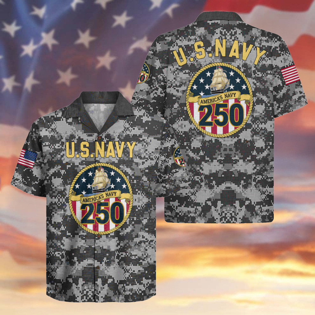 US Navy 250th Anniversary Camo Hawaiian Shirt Patriotic Clothing Gifts For Navy Veterans