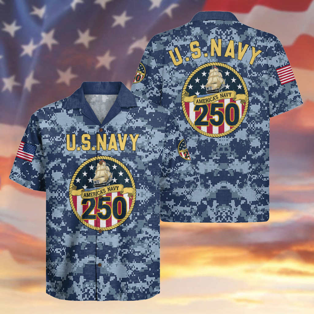 US Navy 250th Anniversary Camo Hawaiian Shirt USA Flag Patriotic Clothing Gifts For Navy Vets