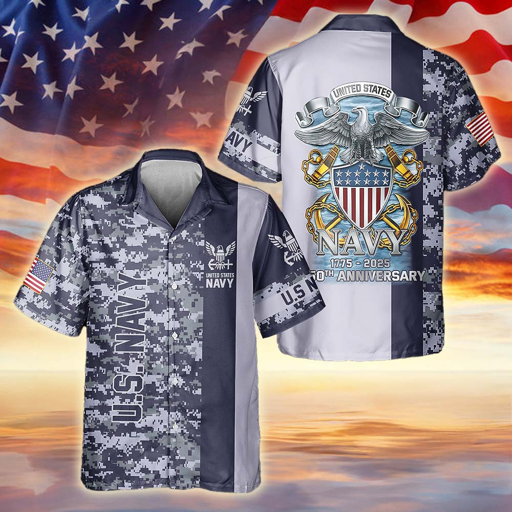 US Navy 250th Anniversary Camouflage Hawaiian Shirt 250th Navy Gear Gift For Veteran