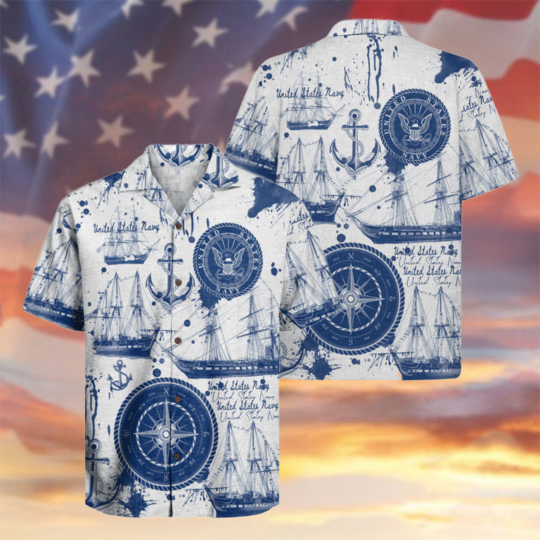 US Navy 250th Anniversary Hawaiian Shirt Anchors Sailboats Compass Shirt Navy Gifts For Him