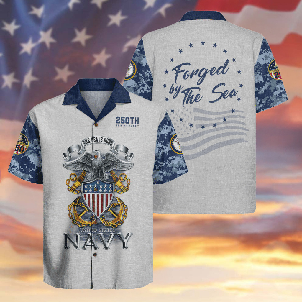 US Navy 250th Anniversary Hawaiian Shirt Forged By The Sea Navy Apparel Gifts For Veteran