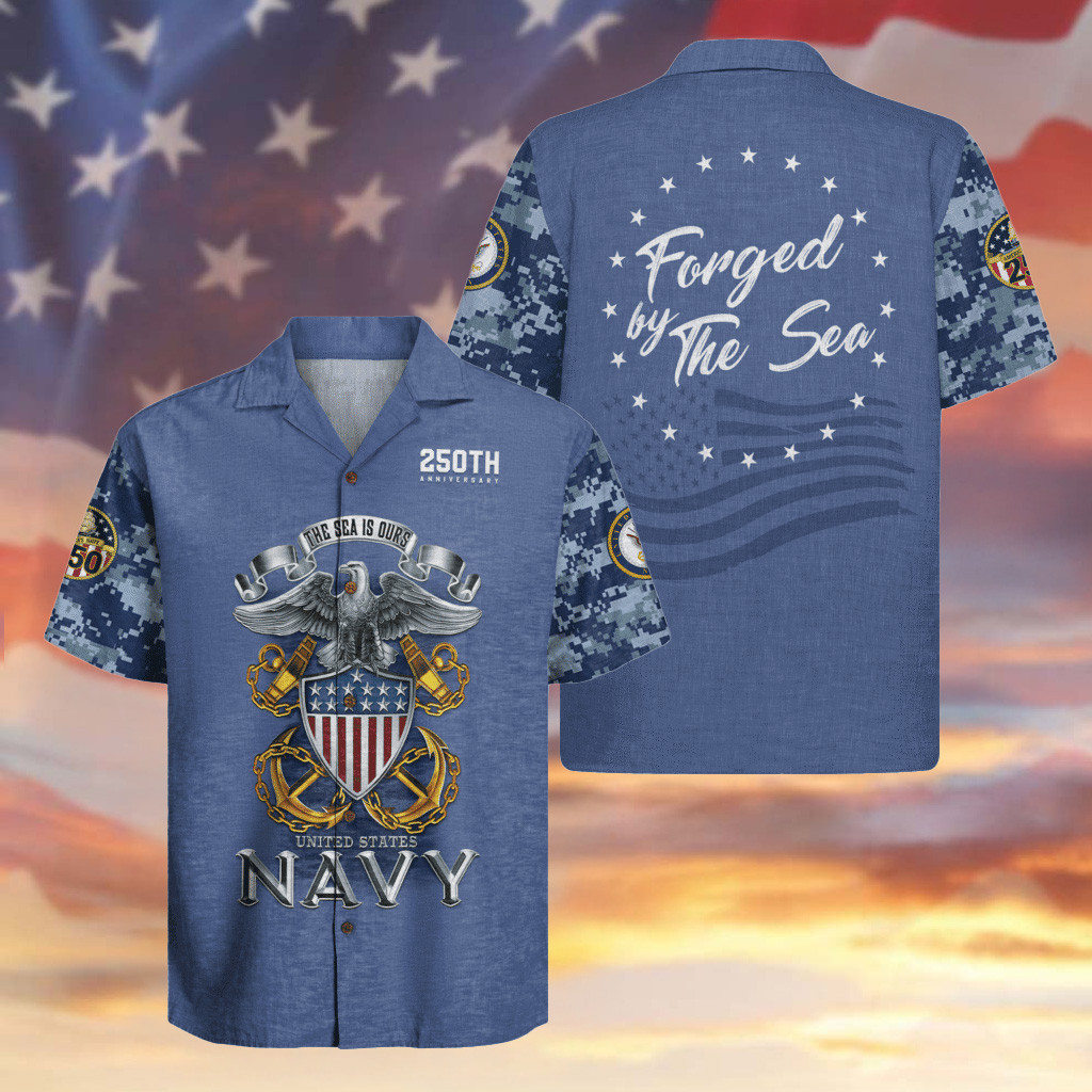 US Navy 250th Anniversary Hawaiian Shirt Forged By The Sea USN Merch Patriotic Gifts For Dad