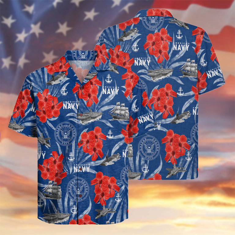 US Navy 250th Anniversary Hawaiian Shirt Hibiscus Tropical Apparel Patriotic Gift Items