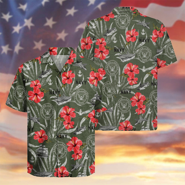 US Navy 250th Anniversary Hawaiian Shirt Hibiscus Tropical Apparel Patriotic Presents