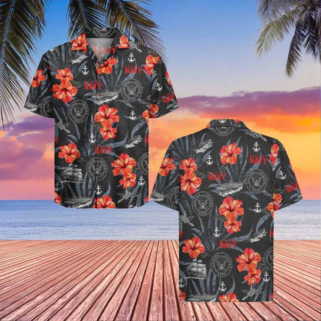 US Navy Hawaiian Shirt Hibiscus Aloha Shirt  Present Ideas For Veterans Day
