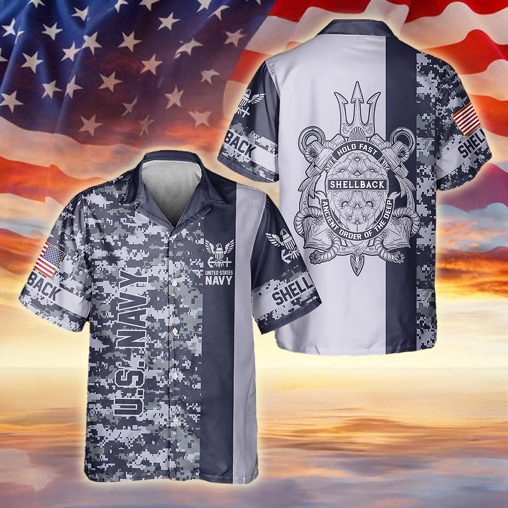 US Navy Shellback Camo Hawaiian Shirt 250th Navy Gear Military Appreciation Gift