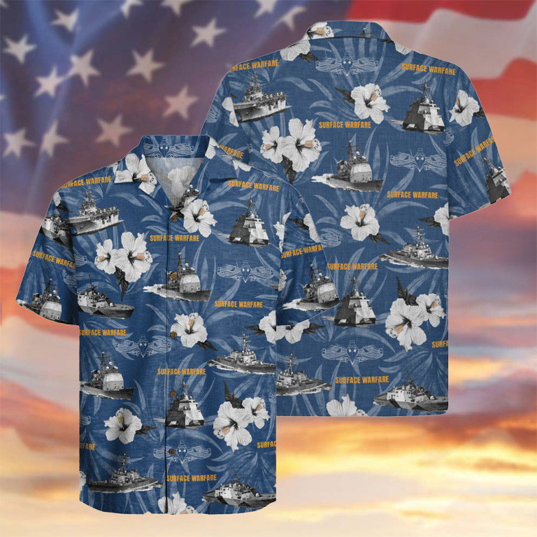 US Navy Surface Warfare Forces Hawaiian Shirt Hibiscus And Battleships Apparel Gifts