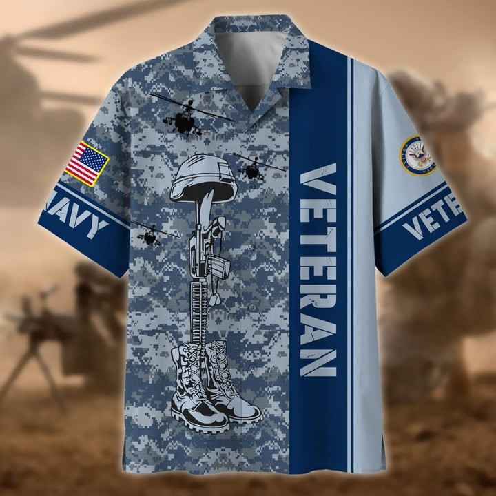 US Navy Veteran Camo Hawaiian Shirt Military Memorial Shirt Veteran Apparel Gift
