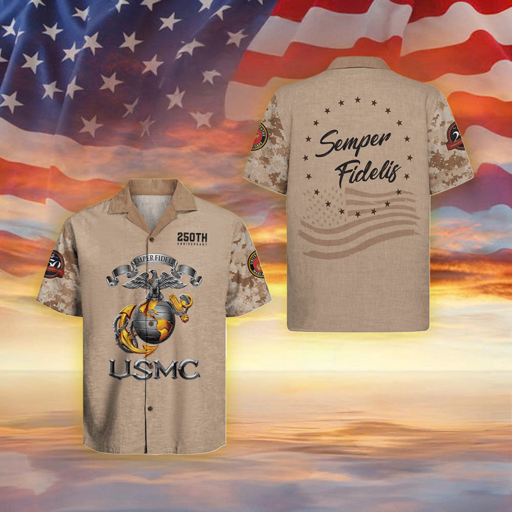 USMC 250Th Anniversary Camo Hawaiian Shirt Semper Fidelis Shirt Marine Corps Veteran Gifts