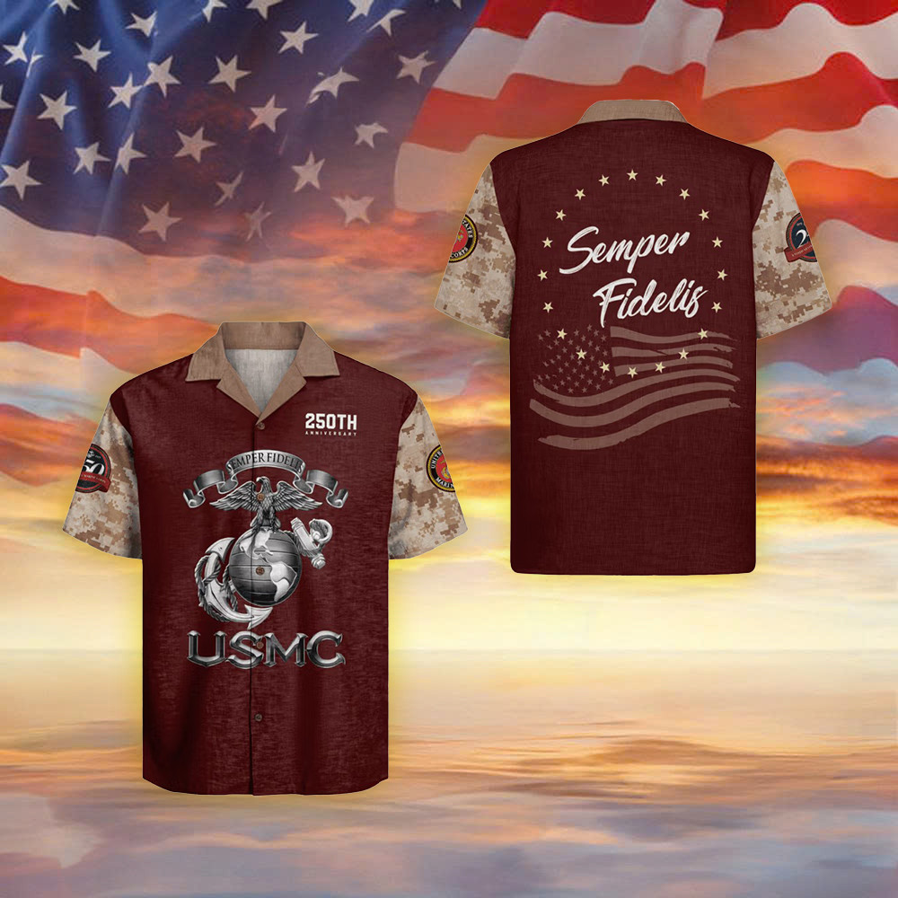 USMC 250Th Anniversary Camo Hawaiian Shirt Semper Fidelis Shirt Marine Veterans Gifts Idea