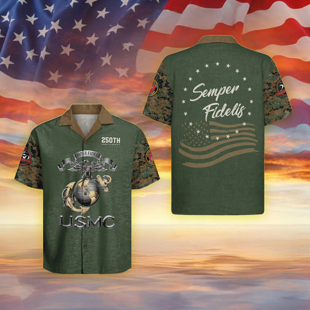 USMC 250Th Anniversary Camo Hawaiian Shirt Semper Fidelis Shirt US Marine Corps Gifts