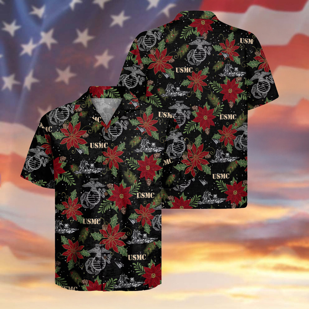 USMC 250th Years Anniversary Hawaiian Shirt Red Flowers Proud Veteran Aloha Shirt Gifts