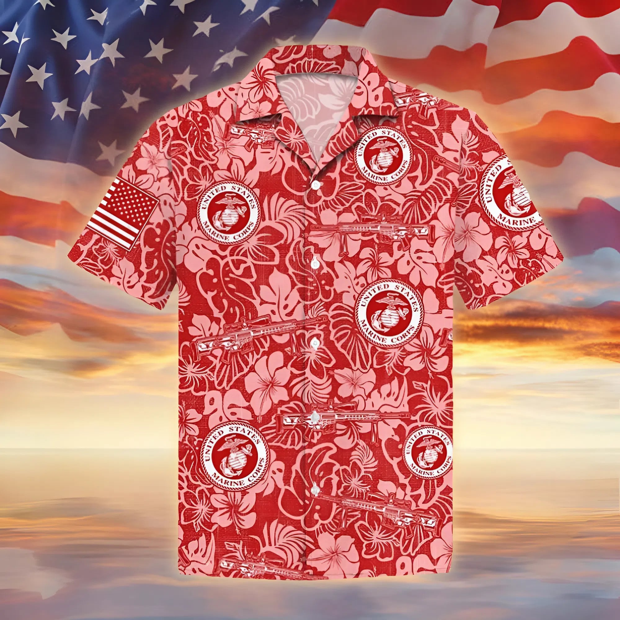 USMC Hawaiian Shirt Tropical Floral Military Aloha Shirt Patriotic US Marine Corps Apparel Gift For Marines