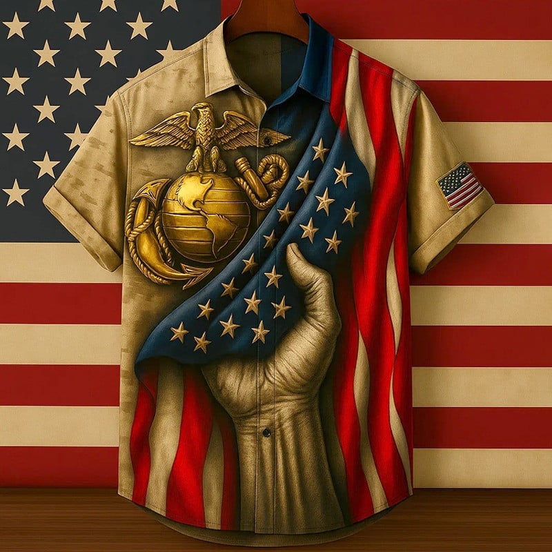 USMC Marine Corps American Flag Short Sleeve Shirt Button Hawaiian Shirt Patriotic Apparel