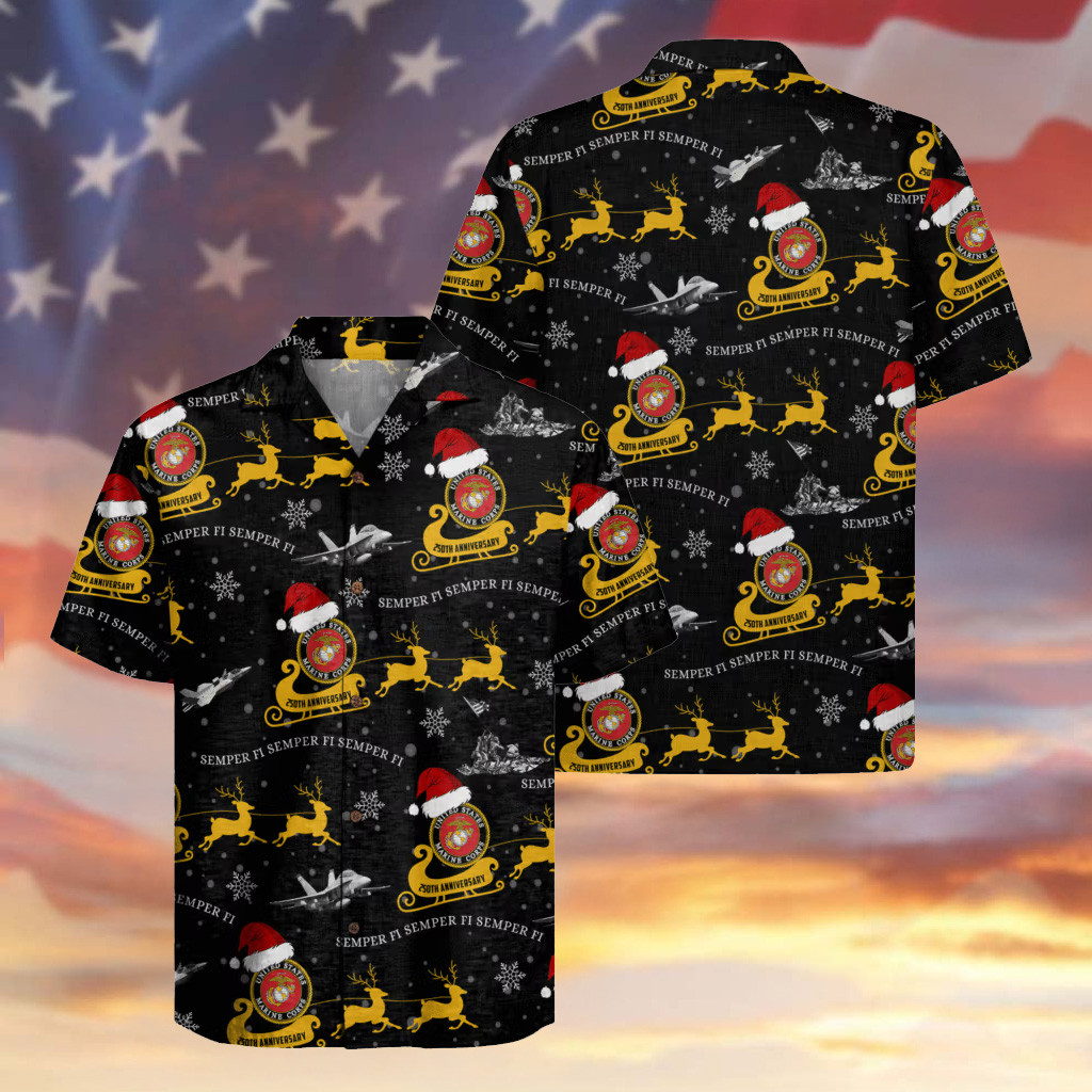 USMC Marines Corps Christmas Hawaiian Shirt 250th Anniversary Semper Fi Veteran Gifts