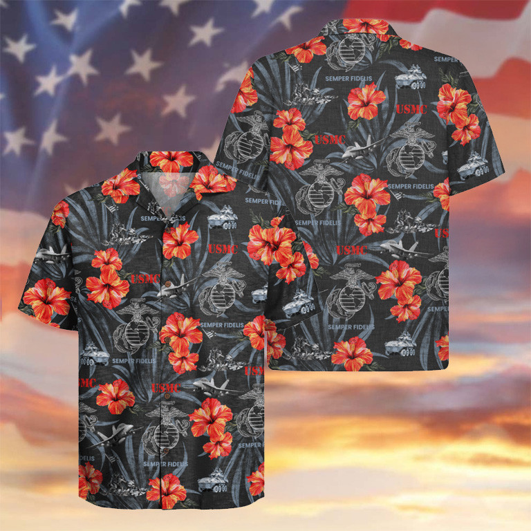 USMC Semper Fidelis Hawaiian Shirt Hibiscus Tropical Apparel Patriotic Gifts For Men