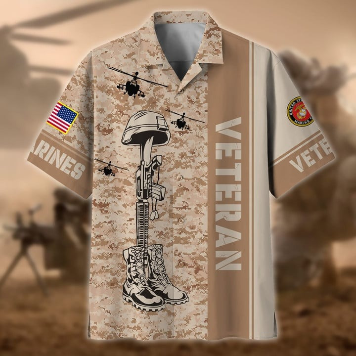 USMC Veteran Camo Hawaiian Shirt Military Memorial Clothing Marine Corps Apparel