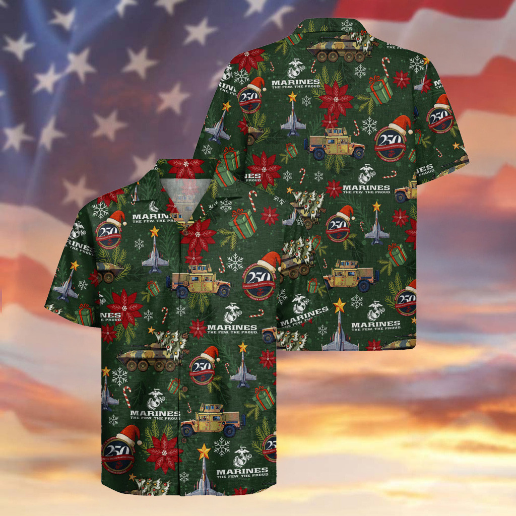 USMC Veteran Christmas Hawaiian Shirt 250th Anniversary Marine Corps Veteran Apparel Gifts