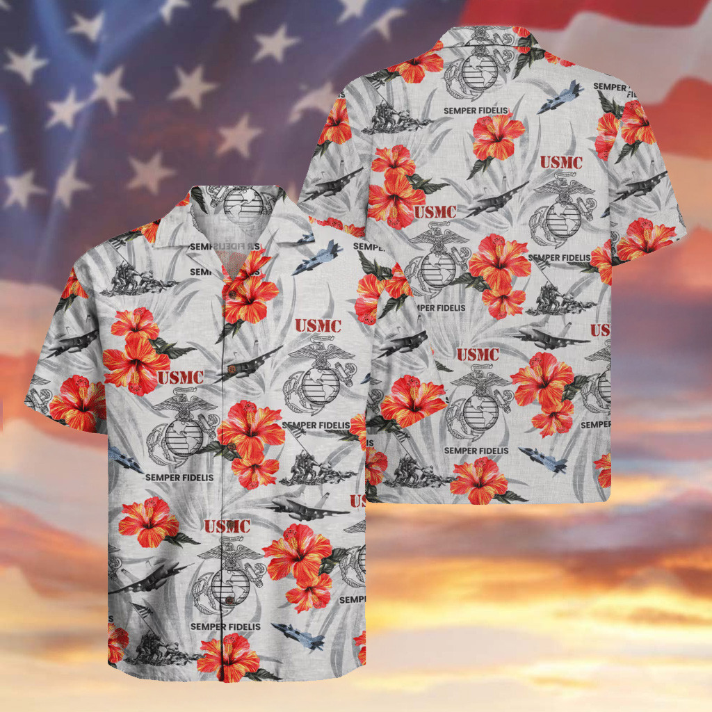 USMC Veteran Hawaiian Shirt 250th Anniversary Fighter Hibiscus Aloha Shirt Christmas Gifts