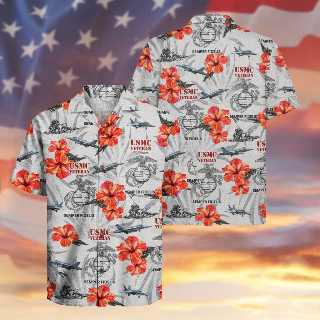 USMC Veteran Hawaiian Shirt 250th Anniversary Fighter Semper Fi Hibiscus Aloha Shirt Gifts