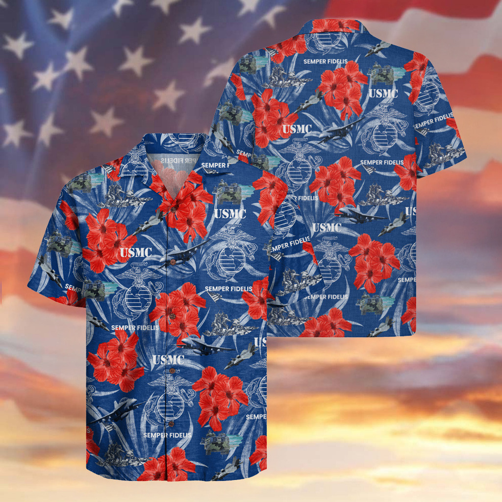 USMC Veteran Hawaiian Shirt Semper Fidelis Hibiscus Aloha Clothes Independence Day Gifts