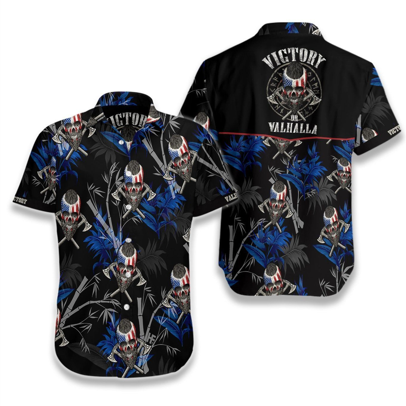 Victory Or Valhalla Viking Black Hawaiian Shirt Tropical Aloha Button Up