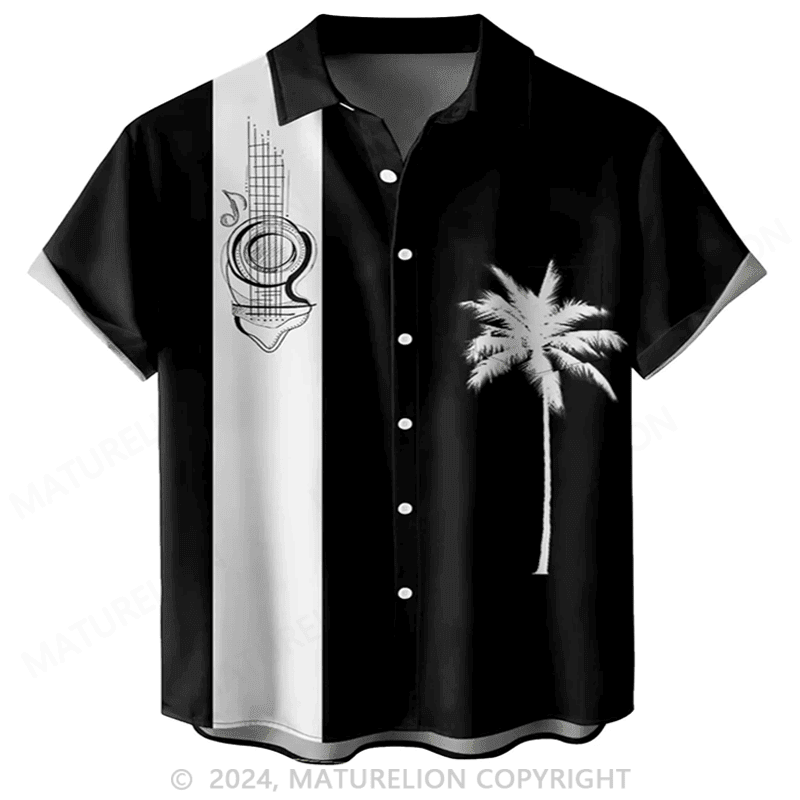 Vintage Color Block Coconut Tree Print Button Down Hawaiian Shirt Funny Graphic Tee for Men W