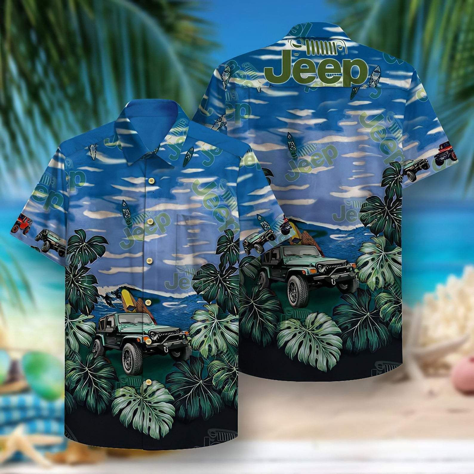 Vintage Jeep Car Tropical Summer Hawaiian Shirt Tropical Aloha Button Up