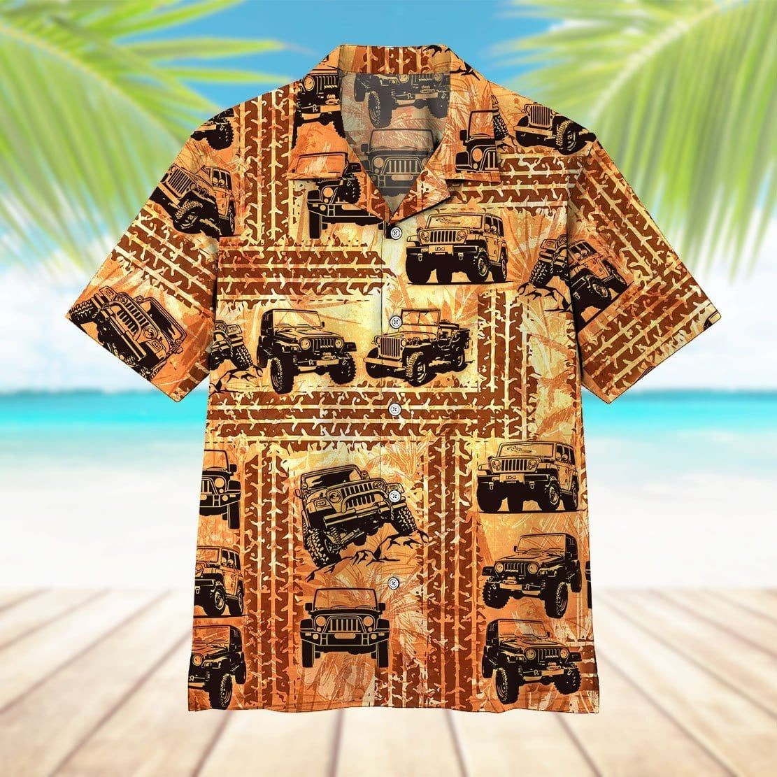 Vintage Jeep Tire Track Unisex Hawaiian Shirt Tropical Aloha Button Up