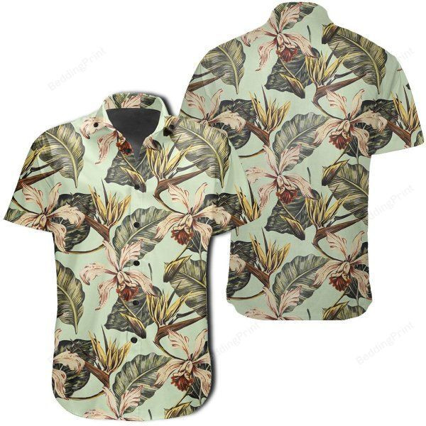 Vintage Tropical Jungle Leaves Orchid Bird Hawaiian Shirt Tropical Aloha Button Up