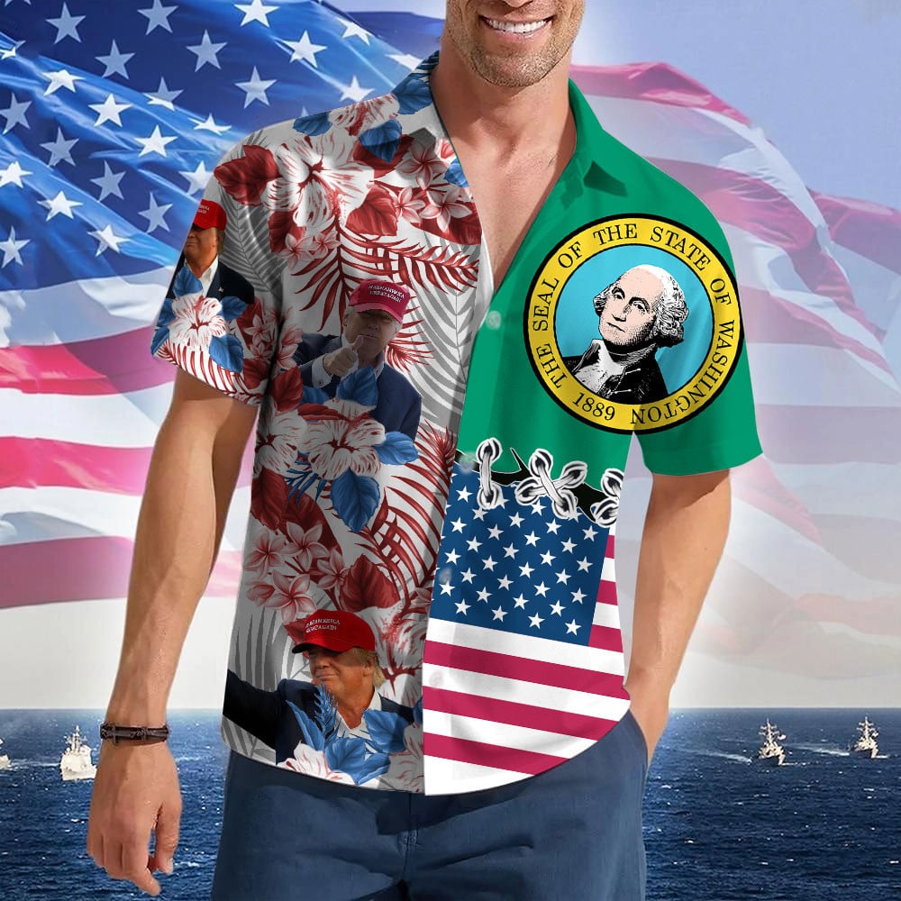 Washington For Trump 2024 Hawaiian Shirt MAGA Merch Free Donald Trump Tropical Shirts Dad Gifts