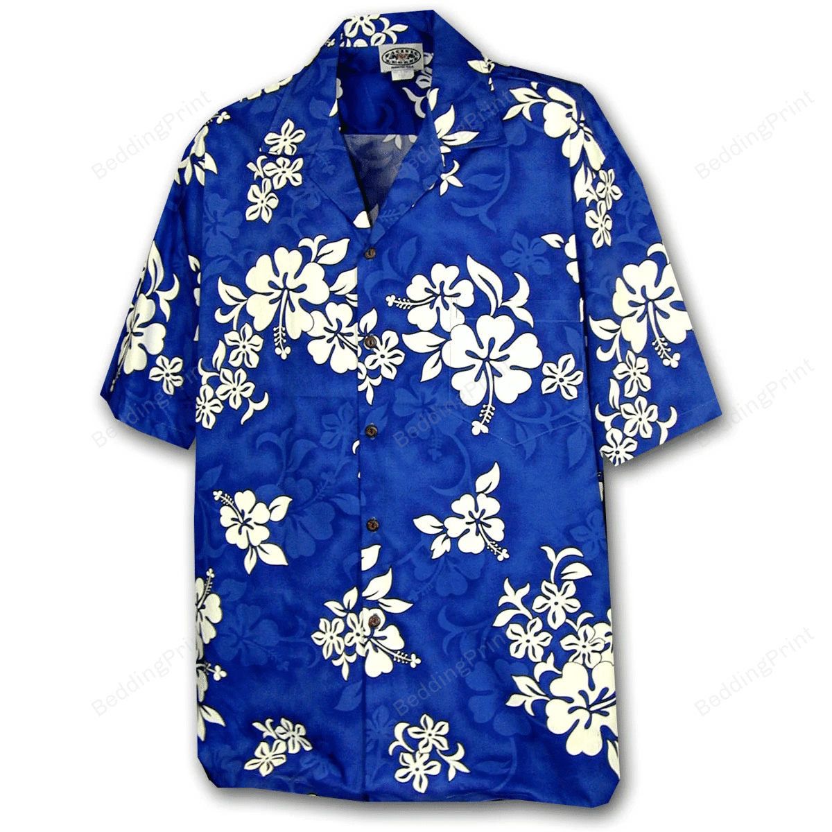 White Flower Blue Hawaiian Shirt Tropical Aloha Button Up