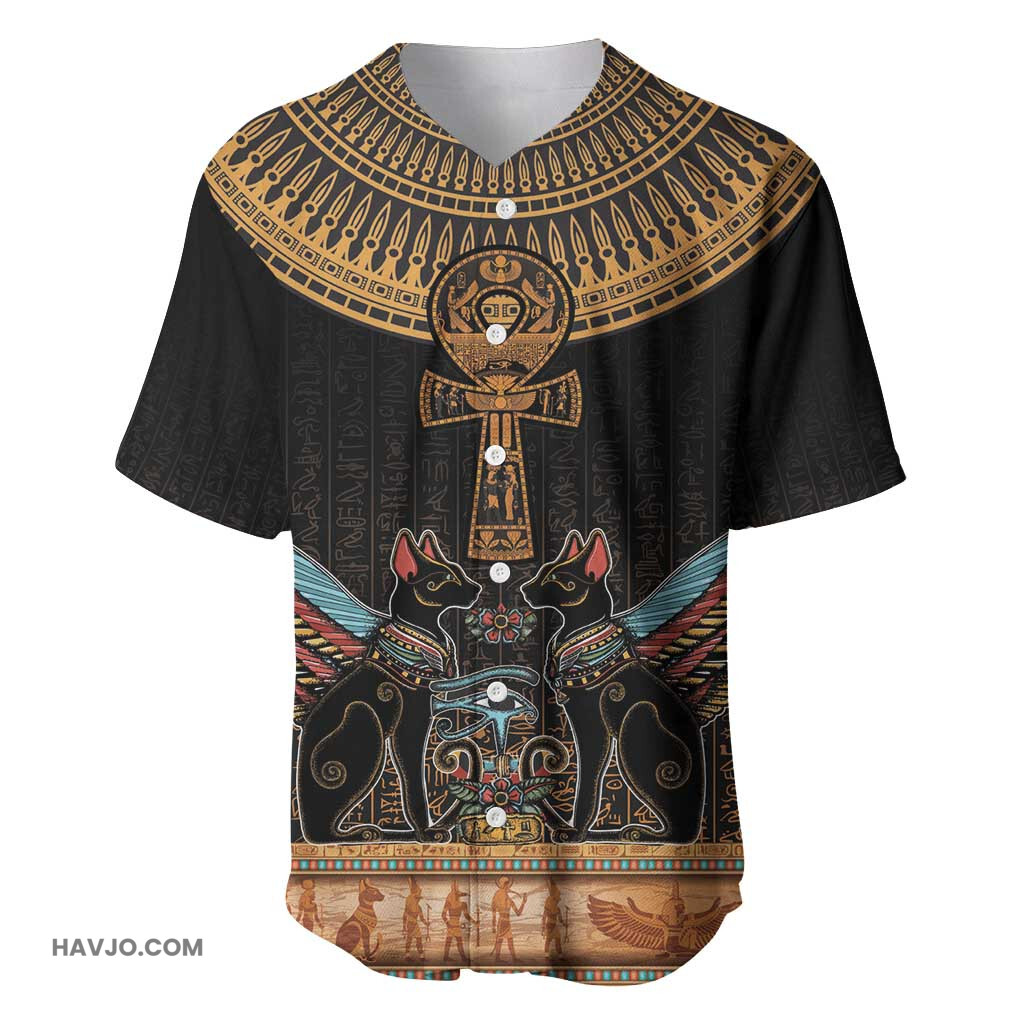 Winged Egypt Cats Hieroglyphs Alphabet Pattern Baseball Jersey