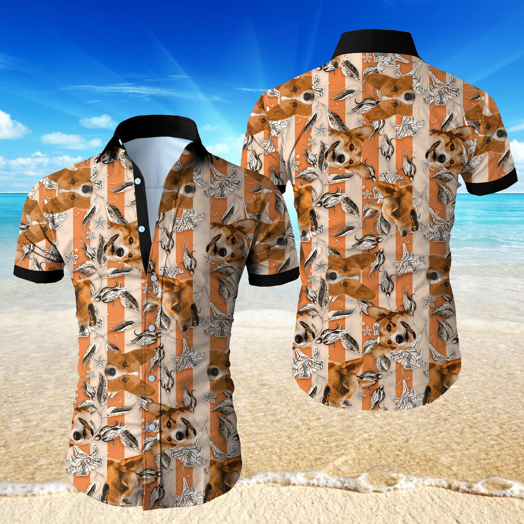 Wozoro Corgi Hawaiian Shirt Tropical Aloha Button Up