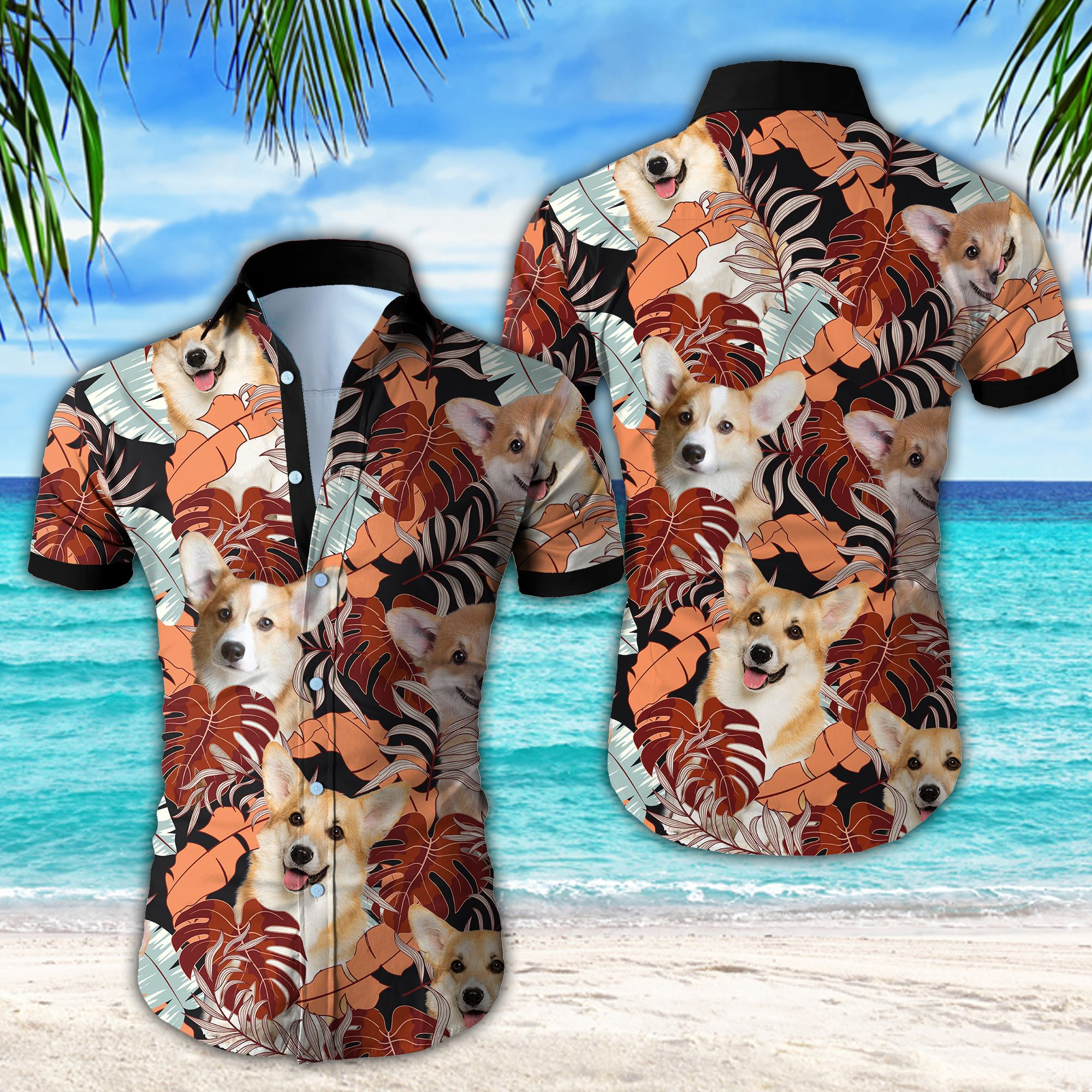 Wozoro Corgi Hawaiian Shirt Tropical Aloha Button Up