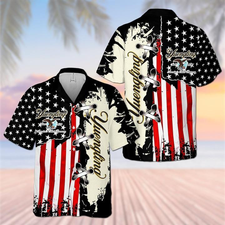 Yuengling Beer American Flag Hawaiian Shirt Tropical Aloha Button Up